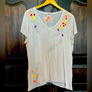 Johnny Was sheer top with floral embroidered flowers